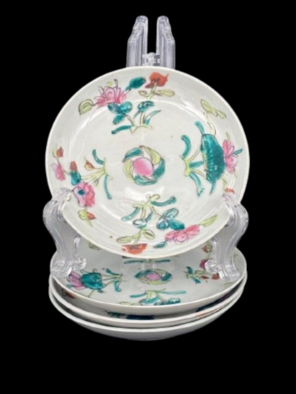 Antique Chinese Famille Rose Porcelain Lotus Floral Hand Painted Dishes Set of 4